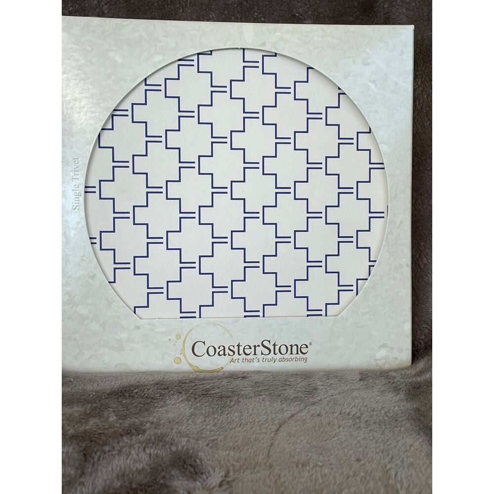 CoasterStone Trivet Absorbent Coaster 7” Square White Graphic Geometric Blue NOS